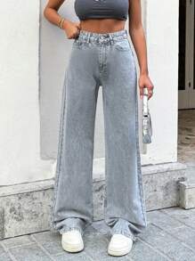 Cottnline 100%Cotton Women's Front Button Multiple Pockets Wide Leg Jeans, Casual Everyday Wear - Grey - View 3