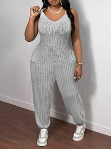 Slaydiva Plus Size Casual Camouflage Pocket Cami Jumpsuit - Green - View 4