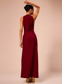 MUSERA Halter Neck Maxi Dress With Side Split Party Birthday Elegant Spring Summer Vacation Party Wedding Guest Elegant Summer Long Dress Graduation Prom - Burgundy - View 2