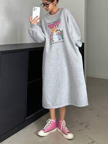 DAZY Women's Loose Cute Printed Fleece Sweatshirt Dress,Fall Clothes,Back To School Clothes - Grey - View 6