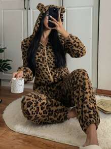 CovetEZ Women's New Plush Leopard Print Hooded Fashion Loose Jumpsuit - Brown - View 4