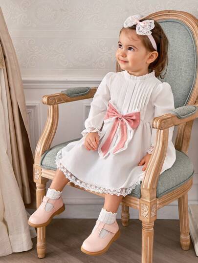 SHEIN Baby Girl Ruffle Collar Waistband Bow Decor Cute Dress, Spring Summer