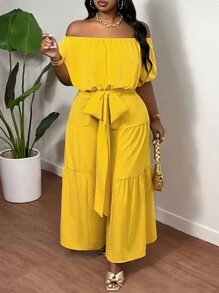 Slaydiva 2 piezas Conjunto de top corto casual con hombros descubiertos y pantalón de pierna recta talla grande, verano, amarillo - Amarillo - Ver 3