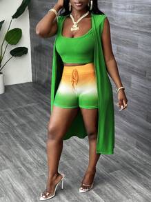 Slaydiva 3 piezas Set básico informal de ropa de playa para vacaciones para mujeres: camiseta sin mangas degradada, shorts con cordón, chaqueta sin mangas