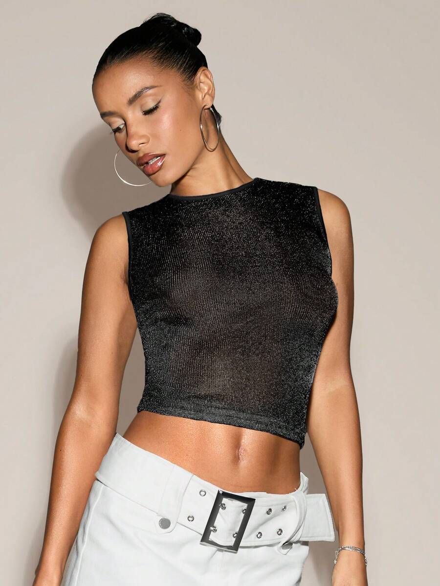 SHEIN BAE 银色金属透明夏季性感女士黑色短款上衣，适合外出、晚间约会 - 黑色 - 查看 1