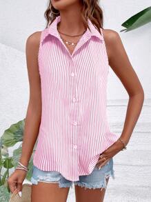 Calvaya Women's Summer Casual Sleeveless Stripe Loose Shirt