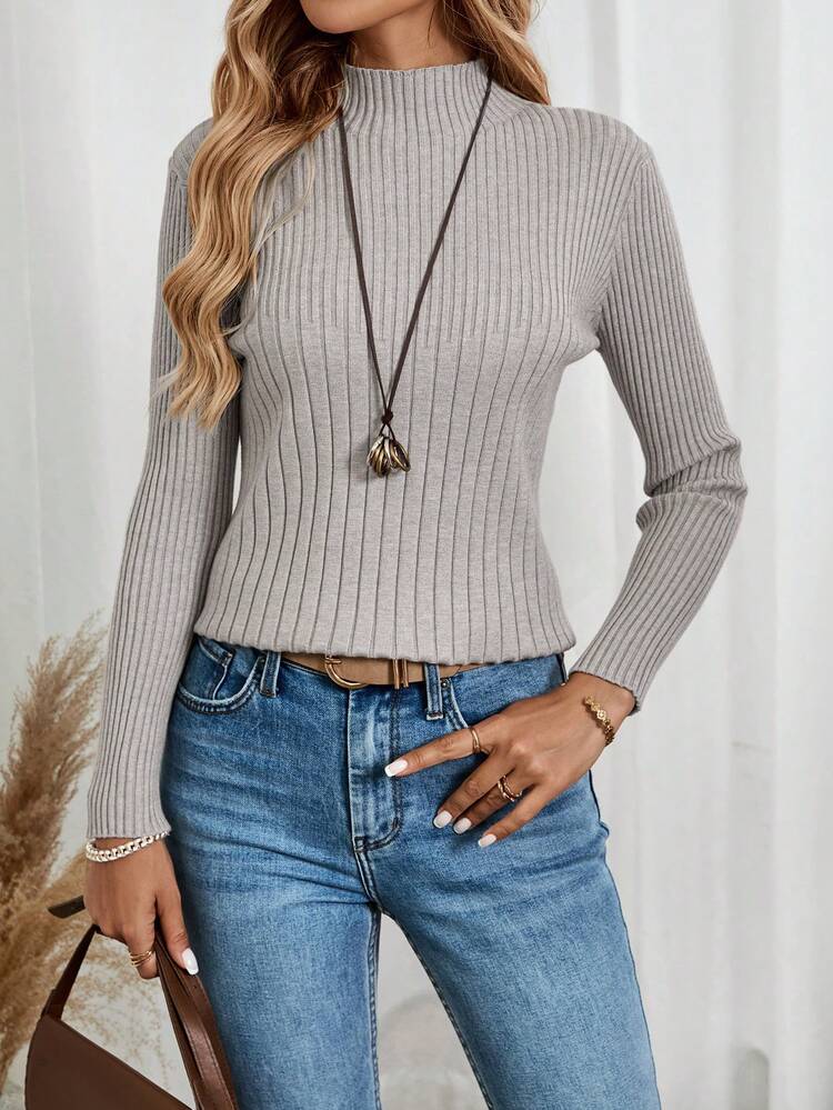 Women's Solid Stand Collar Long Sleeve Slim Fit Casual Sweater, Autumn-Winter Fall Women Sweaters Fall Outfits