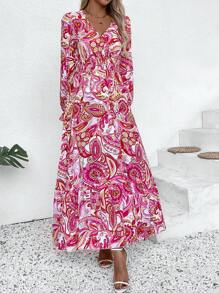 Chiquease Paisley Pattern Cinched Waist Shirred Long Sleeve Flared Midi Dress - Multicolor - View 3