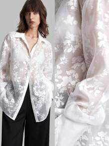 Ontre 女士春夏花卉网眼插肩袖宽松休闲纽扣衬衫、秋季休闲装、返校装、外出服 - 白色 - 查看 9