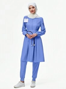 TaskEZ Health Check Scrubs Uniforms Women Solid Color Pet Grooming Work Uniform Set Nutritionist Work Suits Short Sleeved Lab Work Wear - Blue - View 6