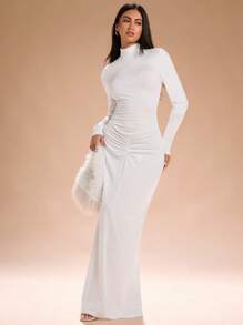 SHEIN SXY Đầm cổ lọ dài xếp ly thu đông cho phụ nữ quần áo mùa thu Quần áo Halloween Đầm Hoco - trắng - Xem 4