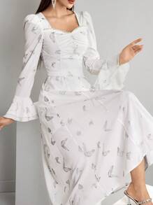 Modelyn Vestido elegante de manga de campana con escote de corazón, decoración de perlas falsas y estampado de mariposas, vestidos de noche largos de primavera y verano
