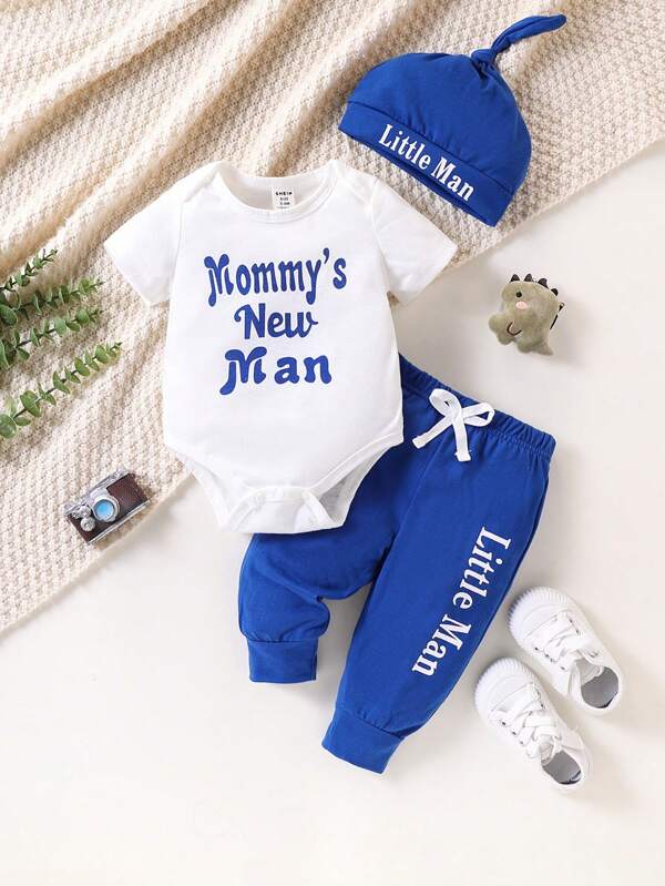 Baby Jungen süßer Bodysuit mit Kapuze und Buchstaben Muster mit Hose, Frühling/Sommer
