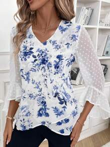SHEIN Clasi Women's Spring & Summer Floral Print Contrast Mesh Flare Sleeve V-Neck Elegant Fall Clothes Halloween Costume Fall Wedding Winter Women Clothes Guest Fall Women Shirts Halloween Women Shirtswork Women Blouses Homecoming Blouse - Blue and White - View 2