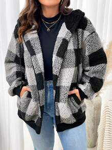 SHEIN LUNE 冬季大码休闲格子羊毛连帽大衣 - 彩色 - 查看 5