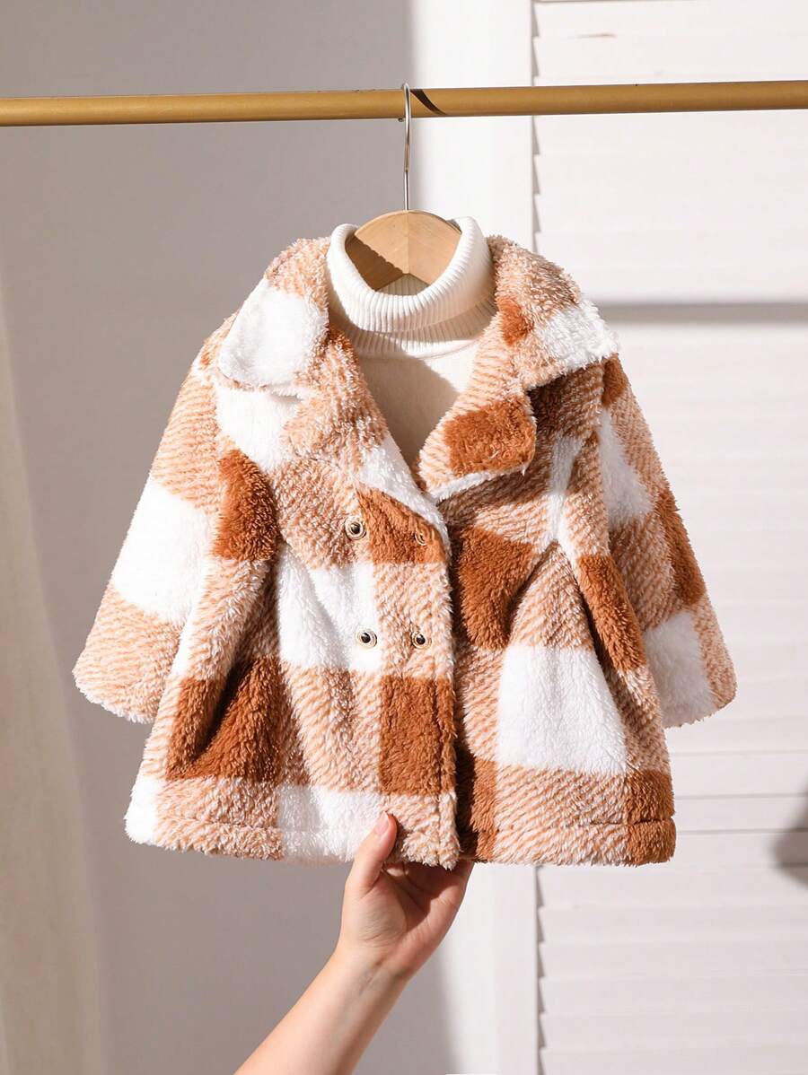 女宝宝格子印花双排扣羊毛长袖夹克秋冬季 - 彩色 - 查看 1