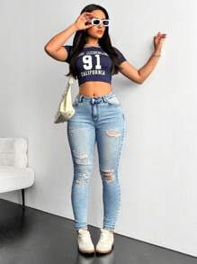 SHEIN EZwear Women's Casual Distressed Slim-Fit Denim Jeans