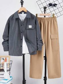 2 件套儿童青少年男童休闲韩版可爱刺绣领开衫衬衫和直腿裤套装