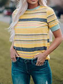 CILKOO 女士休闲撞色条纹圆领T恤，春夏款 - 黃色 - 查看 5