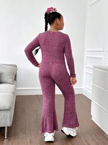 SHEIN Tween Girls Extended Size Fitted Casual Crew Neck Twist Front Top And Flare Pants 2pcs Set