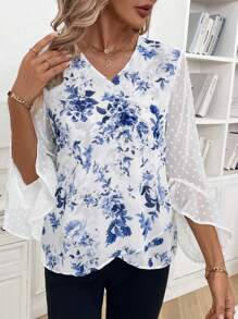 SHEIN Clasi Women's Spring & Summer Floral Print Contrast Mesh Flare Sleeve V-Neck Elegant Fall Clothes Halloween Costume Fall Wedding Winter Women Clothes Guest Fall Women Shirts Halloween Women Shirtswork Women Blouses Homecoming Blouse - Blue and White - View 6