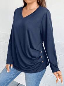 SHEIN Clasi 大码 V 领长袖纽扣休闲 T 恤