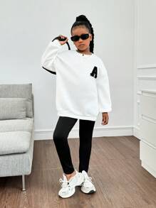 SHEIN Conjunto informal de 2 piezas de niña preadolescente con sudadera de cuello redondo holgada con parche de letras y manguitas caídas, talla grande mallas, conjunto de vuelta al colegio