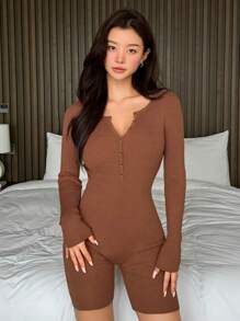 DAZY Knitted Ribbed Slim Fit Half-Zip Romper Loungewear - Brown - View 8