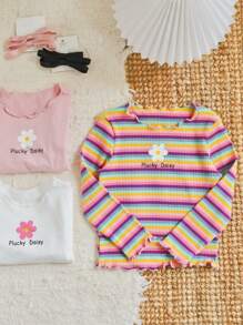 SHEIN Young Girl  3pcs /Sets  Basic  Knitted Solid Color Round Neck Flower And Letter Pattern Casual Long Sleeve  Lettuce Trim T-Shirt - Multicolor - View 6