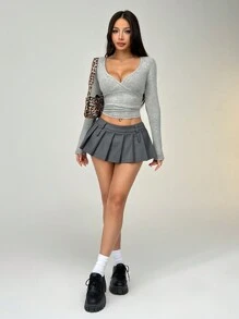 CovetEZ 大码女式纯色长袖休闲 V 领 T 恤，冬季打底衫 - 灰色 - 查看 3