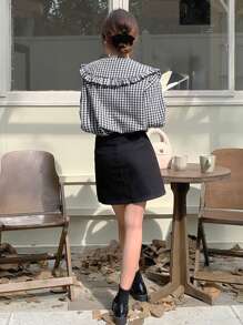 DAZY Women's Peter Pan Collar Ruffle Plaid Loose Shirt,Fall Clothes - Black and White - View 7
