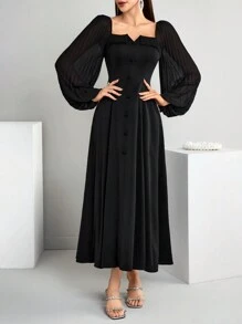 Modelyn Women's Notched Neck Long Sleeve Elegant Charming Arabian Modest Dress Long Evening Dresses - Black - View 6