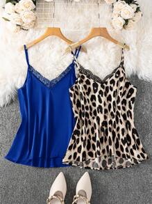 SHEIN Clasi 大码纯色和豹纹蕾丝撞色无袖吊带背心