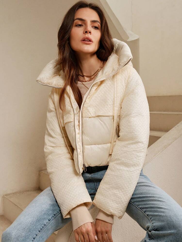 Winter Women Crinkle Fabric Patchwork Hooded Casual Fashion Short Jacket