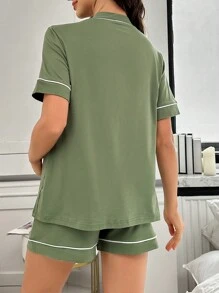 Maternity Contrast Trim Letter Embroidered Open Front Top And Shorts Loungewear Set - Army Green - View 2