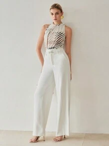 MOTF Classy GRAPHIC PRINT KEYHOLE BACK SLEEVELESS BLOUSE