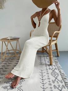 SHEIN Swim 深 V 领细肩带露背优雅度假罩衫连衣裙，音乐节夏季 - 白色 - 查看 5