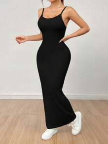 SHEIN PETITE Women's Basic  Spaghetti Strap Dress,Summer Dresses For Women - Black - View 4