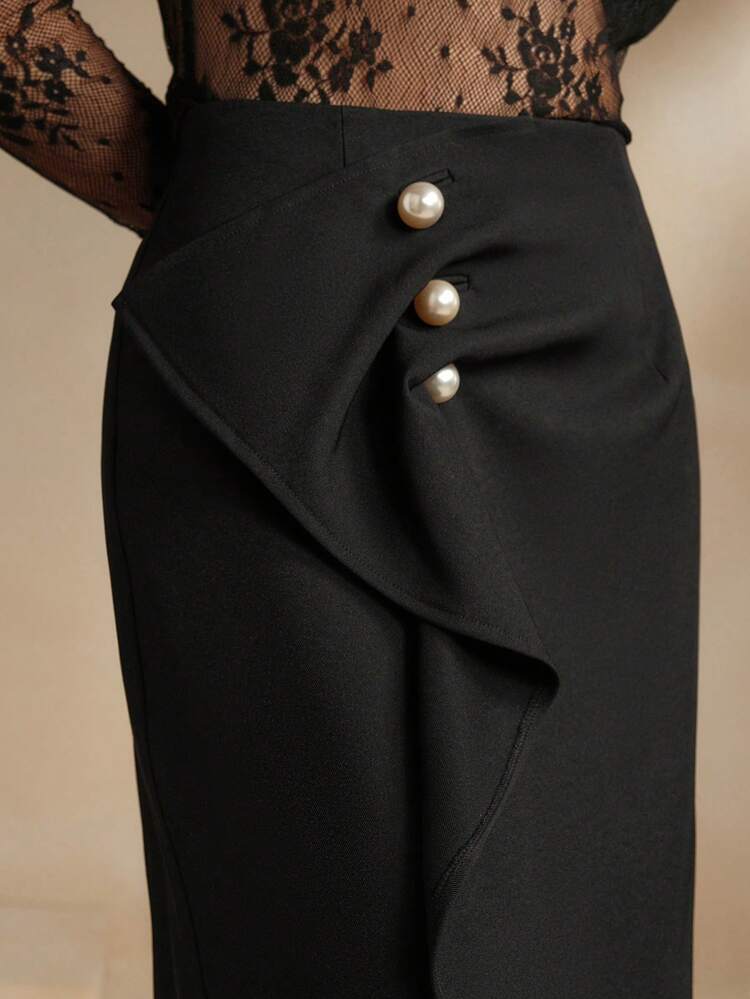 Women High Waist Elegant OL Pleated Asymmetric Side Slit Maxi Skirt