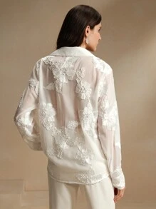 Áo kiểu nữ Anewsta cổ điển, thêu hoa kiểu Pháp, tay dài, chất liệu xuyên thấu, màu trắng. - trắng - Xem 2