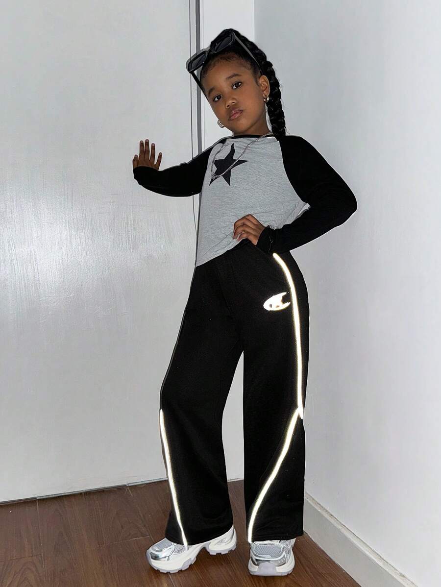 Tween Girl Casual Reflective Stripe & Star Print Sports Pants, Back To School Outfit - Grey - View 1