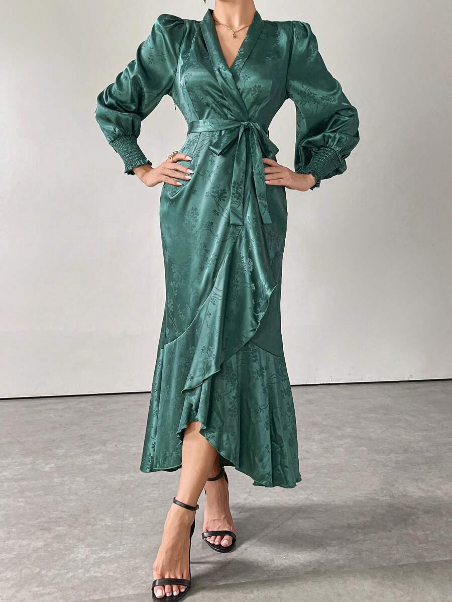 Modelyn 女款深綠色花卉提花V領長袖優雅洋裝,秋季婚禮賓客長款晚禮服,適合休閒日常/旅行/度假/假期 - 綠色 - 查看 1