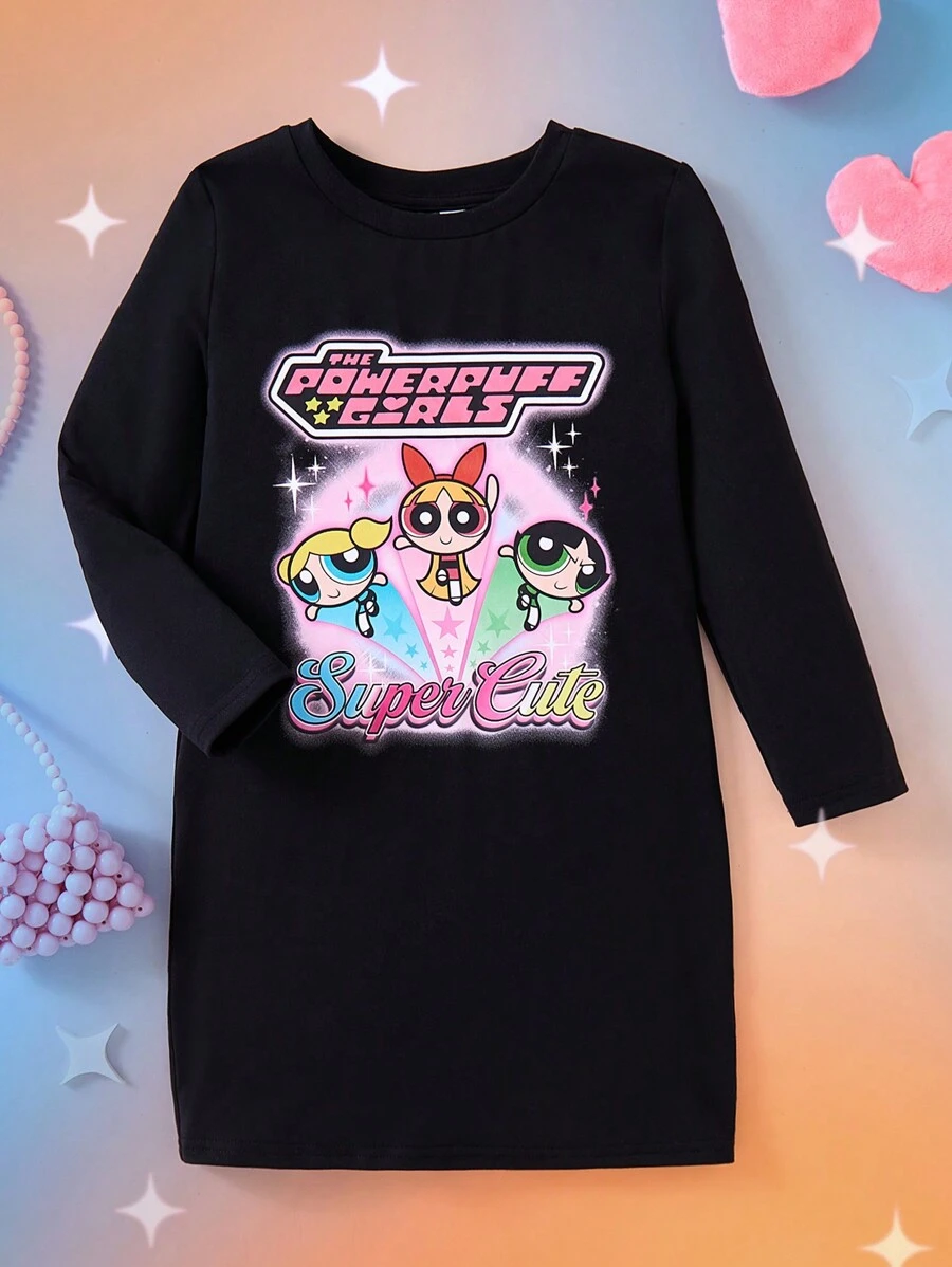 THE POWERPUFF GIRLS X SHEIN Váy dài tay in hoạt hình giản dị cho cô gái trẻ mùa xuân và mùa thu - màu đen - Xem 1