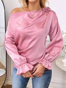 SHEIN LUNE Asymmetrical Design, Oblique-Shoulder, Rose Decoration Blouse - Pink - View 7