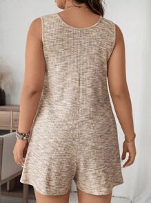 SHEIN LUNE 大码圆领纽扣无袖口袋休闲时尚连体裤 - 卡其色 - 查看 2