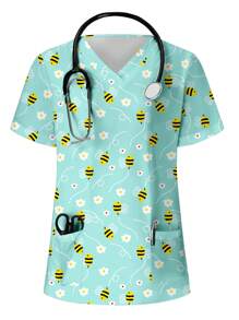 PopScrub Damen V-Ausschnitt Kurzarm Top mit Tasche und Allover-Muster mit Biene & Blumen Motiv, Pflege-Oberteile - Lichtblau - Übersicht 1