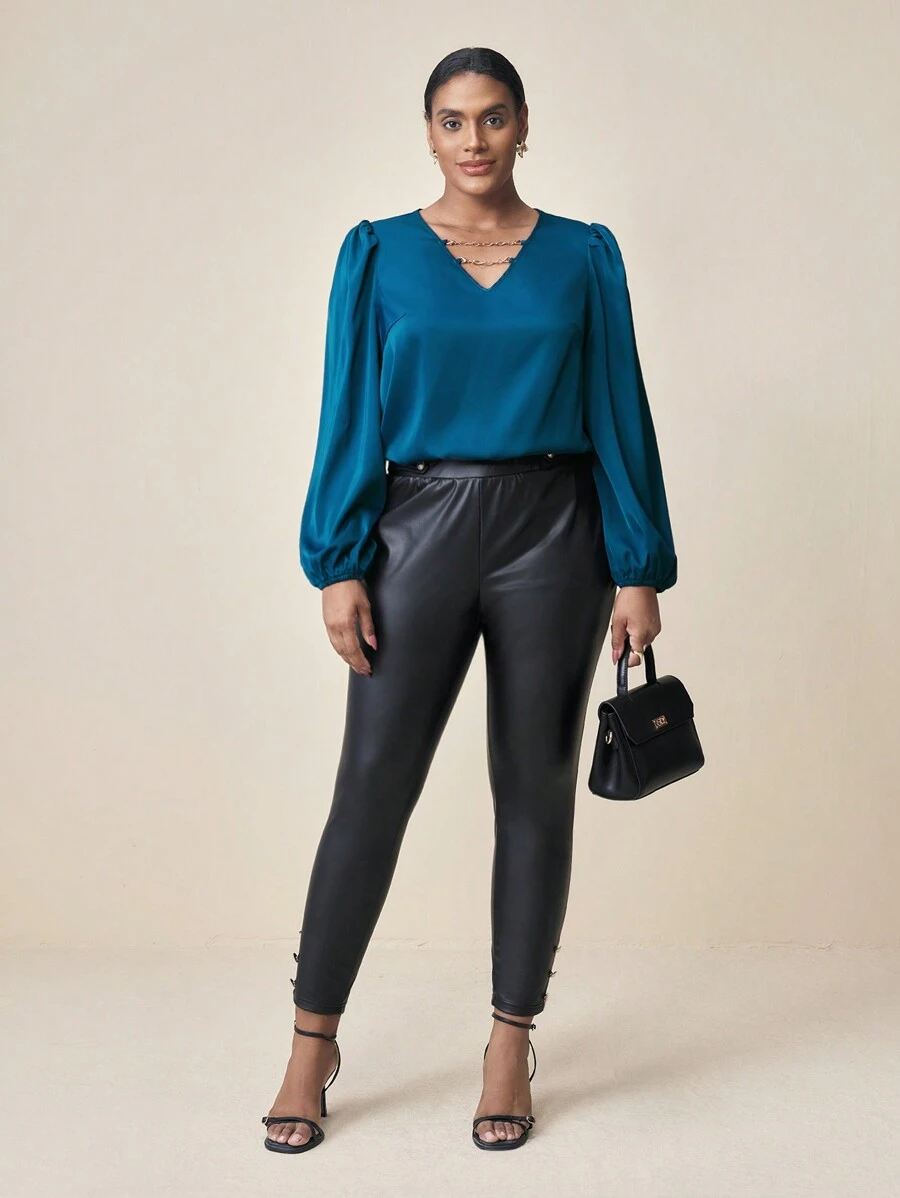 BizChic Plus Size Women Elegant Solid Woven Patchwork Chain Print Lantern Sleeve Blouse, Spring And Summer - Blue - View 1
