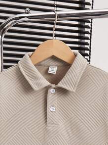 SHEIN Leap Crew Tween Boy Casual Textured Ribbed Long Sleeve Polo Shirt, Suitable For Spring & Autumn, Travel & School - Khaki - View 5