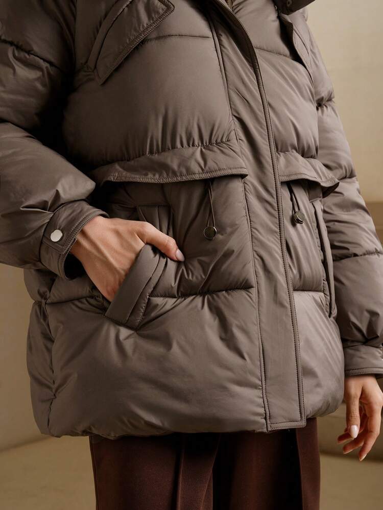 Women Hooded Mid-Long Waist Hooded Thick Jacket, Khaki Color