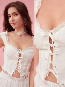 Enchnt Women Solid Color Lace Trimmed Crop Top With Tie Straps For Summer - White - View 9